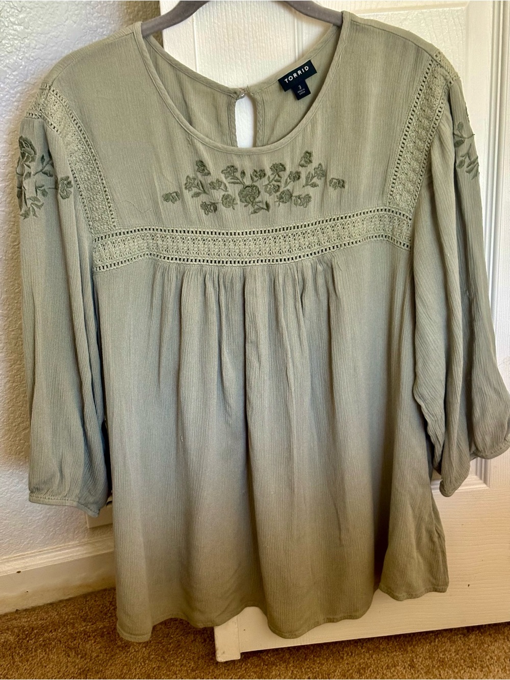 Torrid Sage Green Embroidered Peasant Blouse